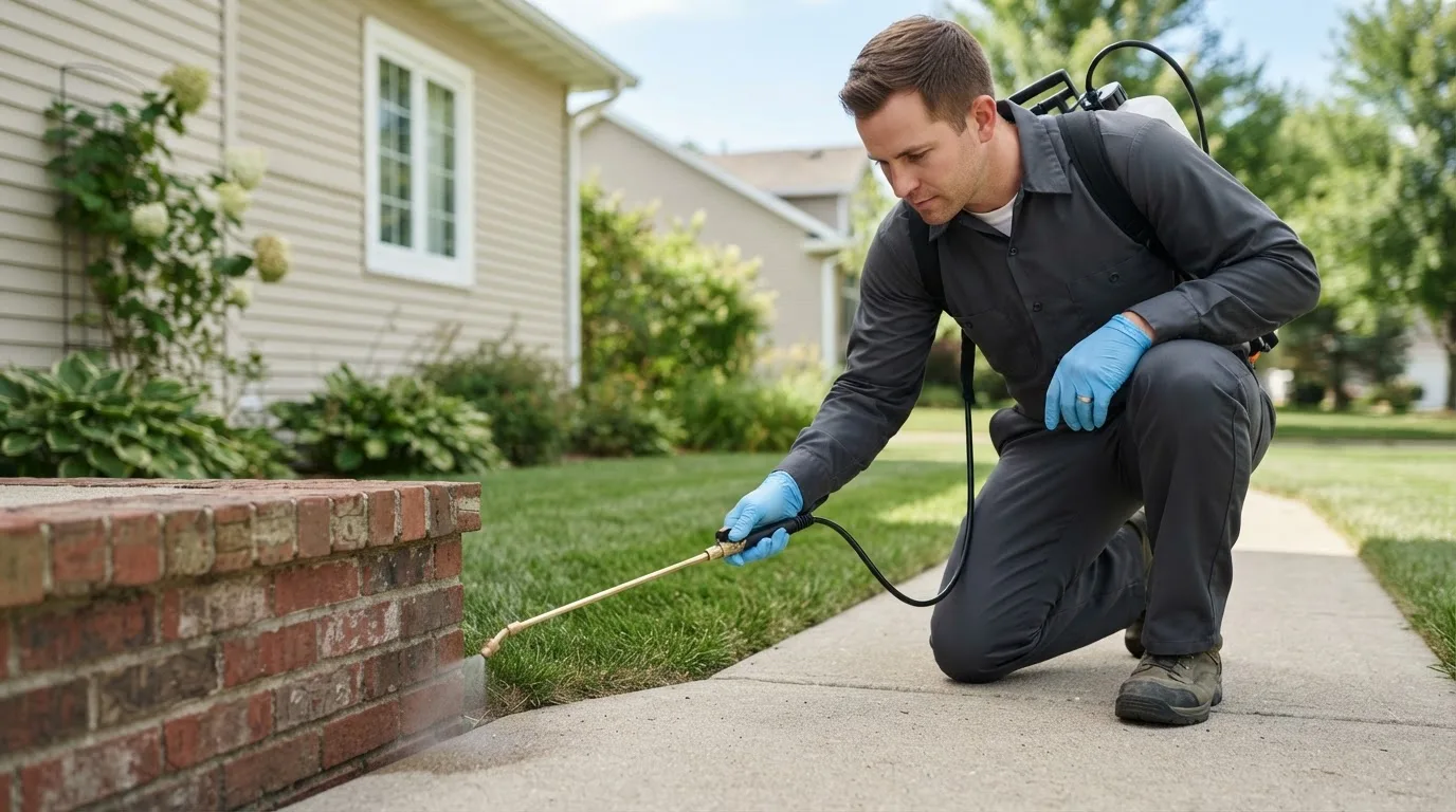 Pest control technician treating a home near Glen Oaks, NY